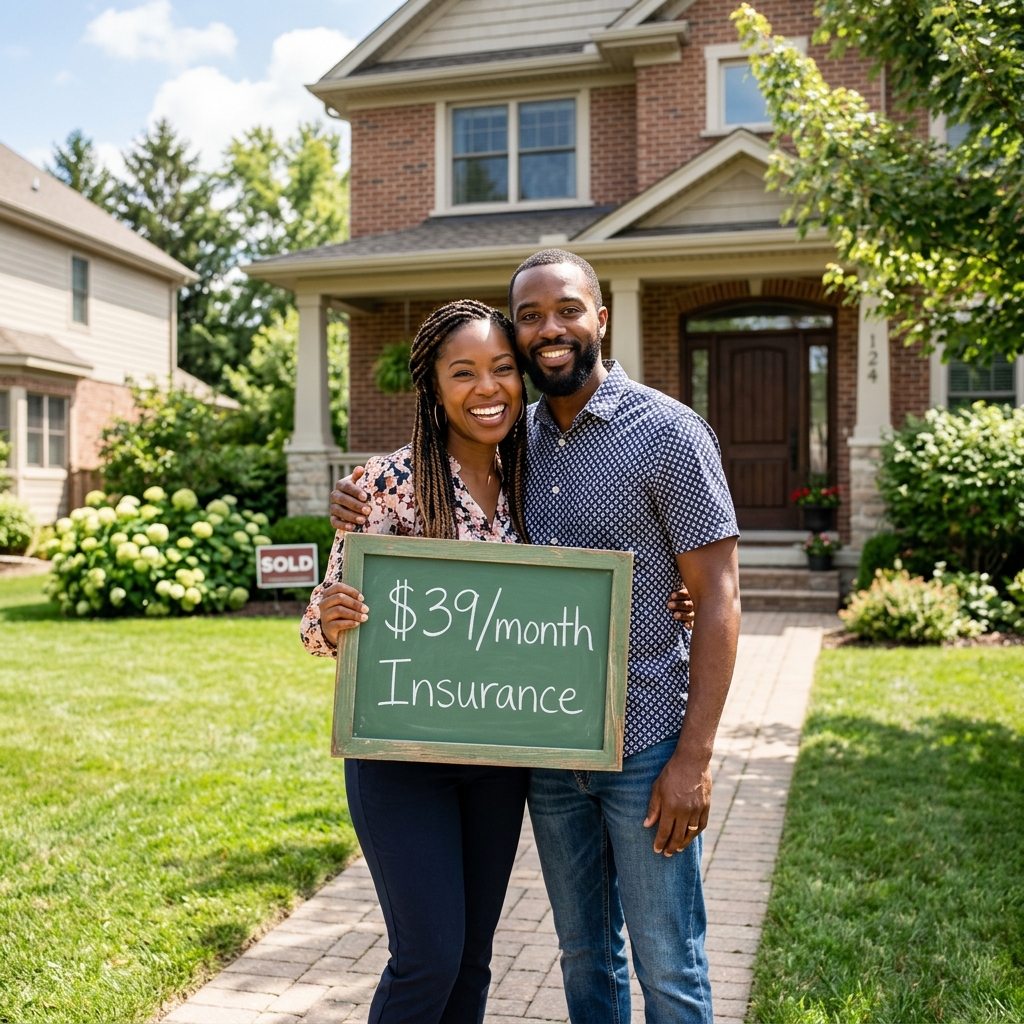 Couple holding $39/month Insurance sign